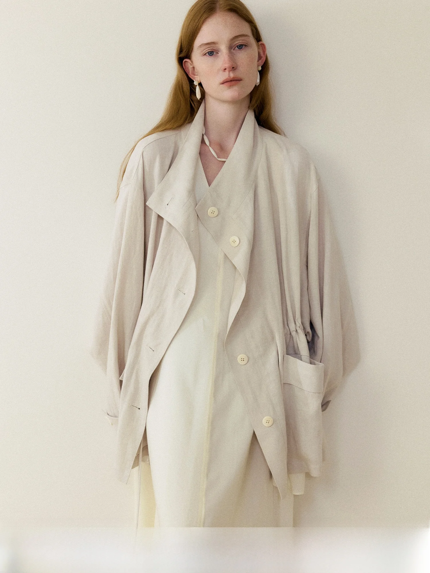 

MURMUR MI Women's Linen Oversized Coat Loose Shoulder Silhouette Midi Length Gathered Waist Top Commute Simple Style