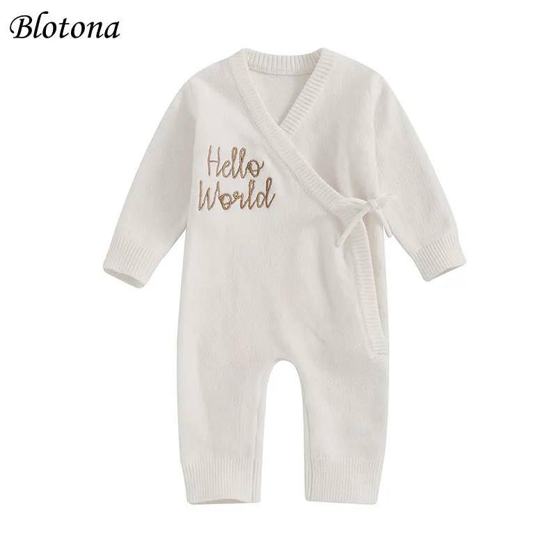 Blotona Infant Baby Fall Knitted Romper Letter Embroidery Long Sleeve Tie-up Wrap V-Neck Full Length Sweater Jumpsuit