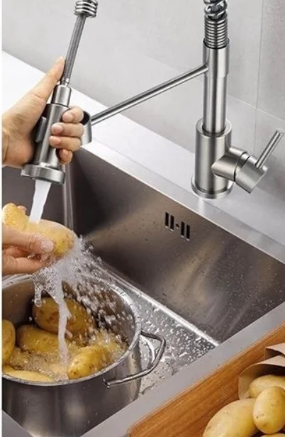 

Пружинный смеситель из нержавеющей стали, многофункциональная кухонная мойка с двойным выходом воды 360° ° Вращающийся выдвижной кран для холодной воды