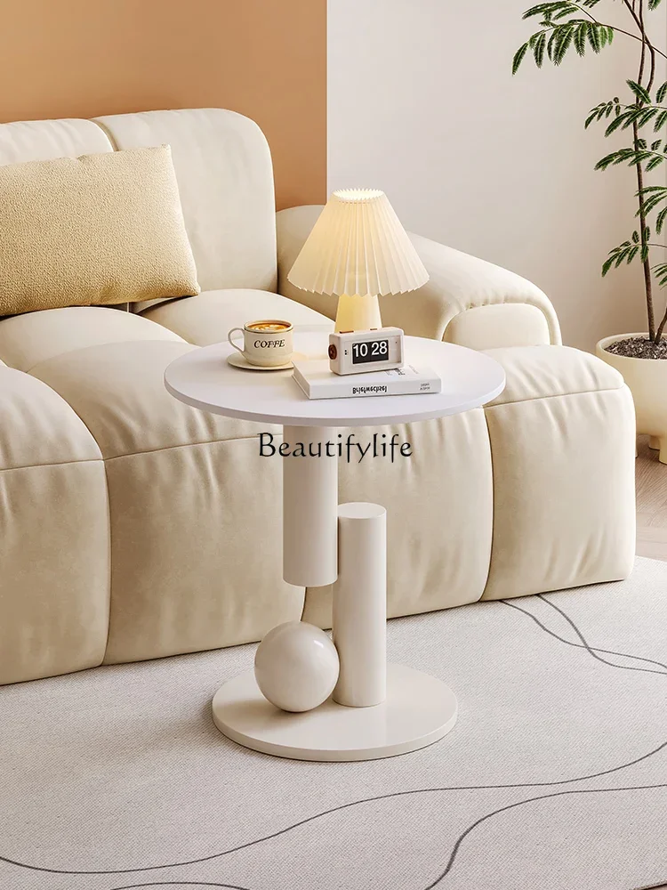 FG28Cream نمط لوحة حجرية طاولة جانبية منزلية صغيرة شقة غرفة المعيشة طاولة جانبية السرير طاولة مستديرة صغيرة #3