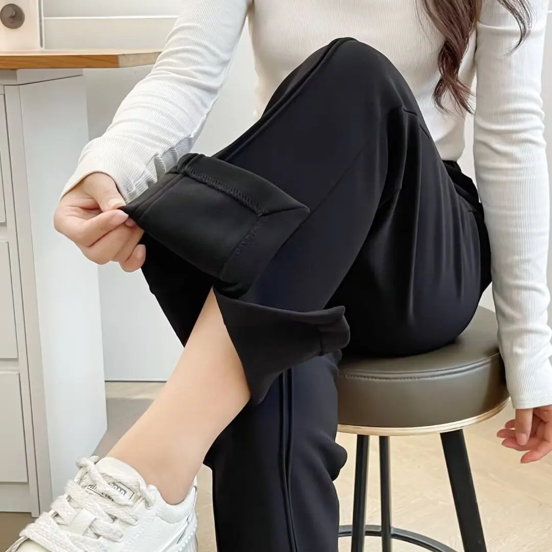 XXXXL موضة حجم كبير سراويل نسائية متوهجة 2025 خريف شتاء عادية سليم رقيقة الصوف شق الساق افتتاح عالية الخصر بنطلون #3