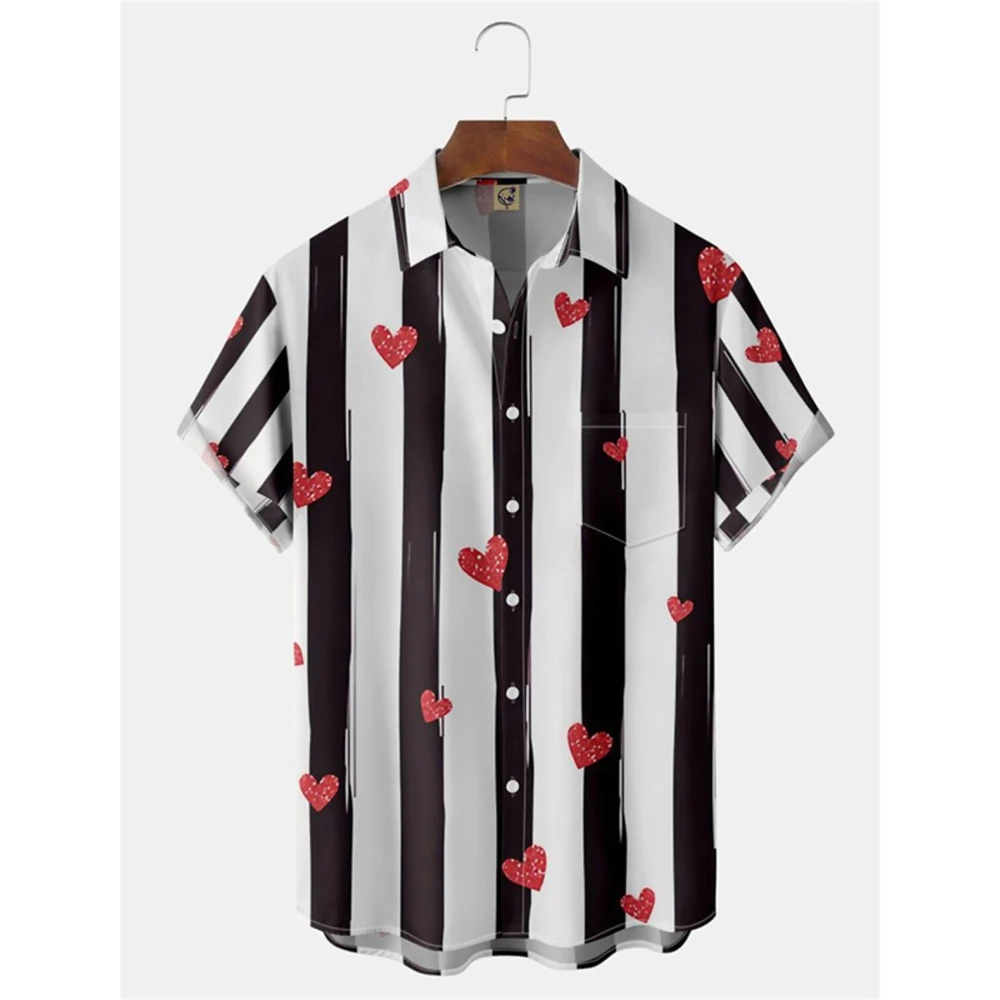 

Valentine's Day Love Heart 3D Print Shirt Men Summer Street Short Sleeve Hawaiian Shirts Tops Lapel Button Vacation Loose Blouse