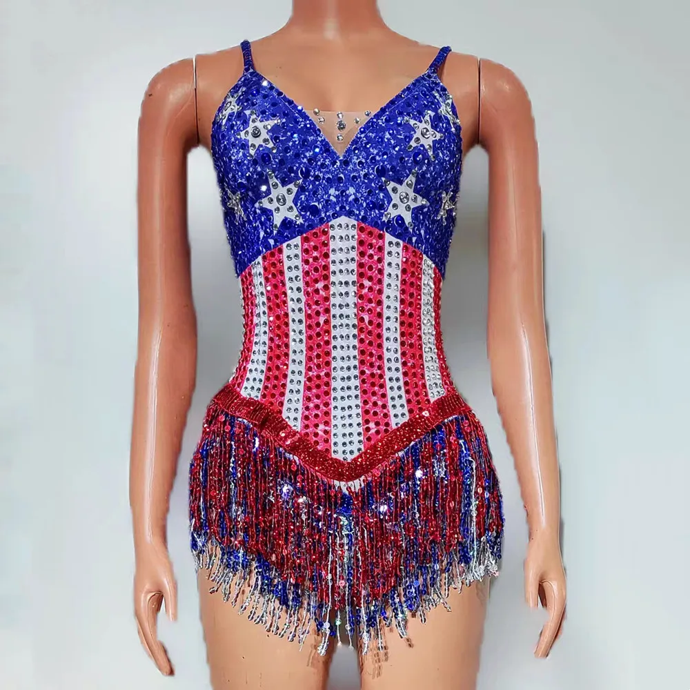 

American Flag Pattern Crystal Tassel Bodysuit Women Sexy Performance Dance Costume Singer Dancer Fringe Leotard Show Stage Wear
