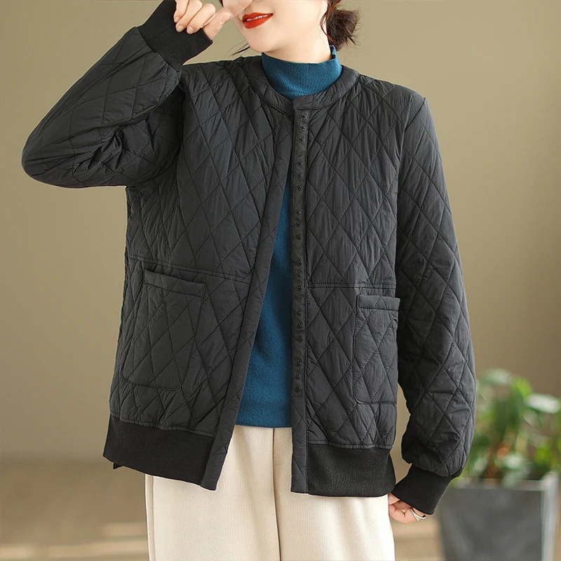 Warm Lightweight Cotton Jacket Casual Loose Diamond Pattern Cotton Padded Outerwear Fashionable Minimalist Style Ageless