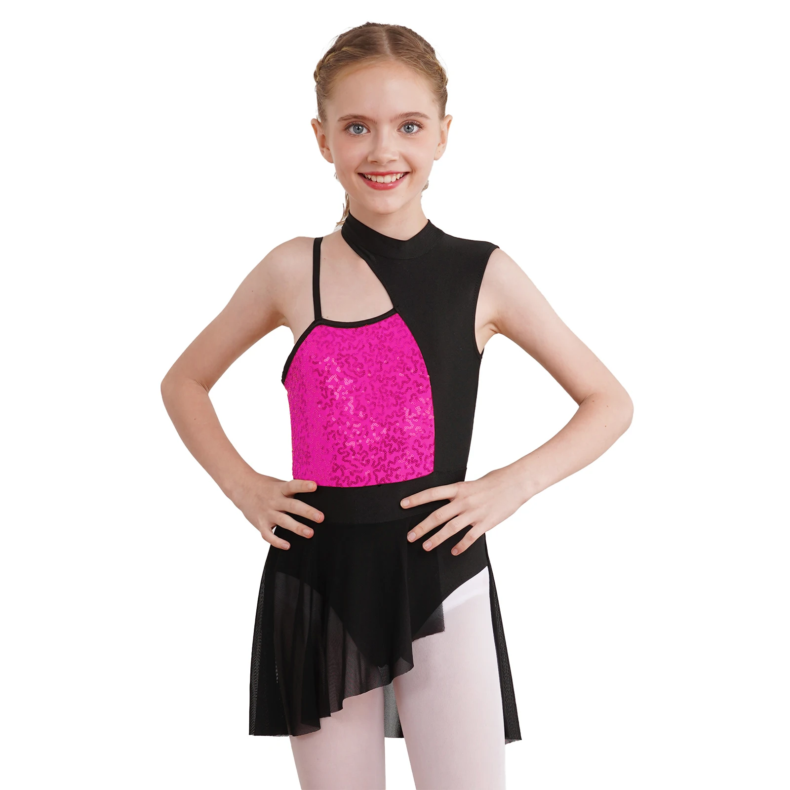 Kids Girls Shiny Sequins Artistic Skating Rhythmic Gymnatics Ballet Lyrical Dance Wrap Dress Modern Latin Jazz Tight Jumpsuit