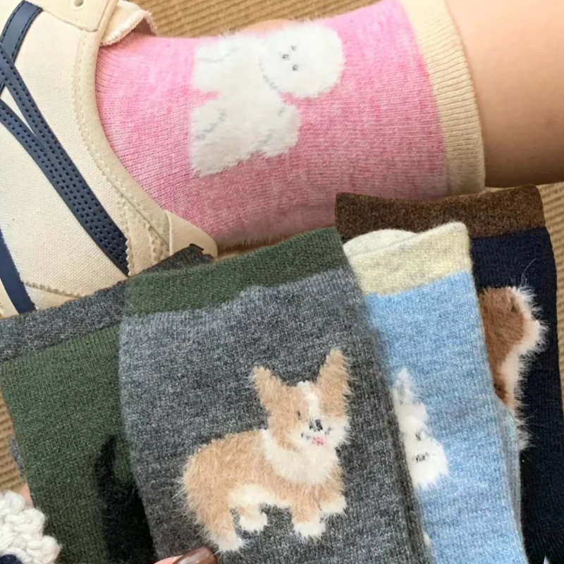 Plush Dog Women Socks Kawaii Cartoon Mid-tube Socks Female Winter Autumn Warm Cozy Soft Trendy Casual Velvet-flocked Floor Socks
