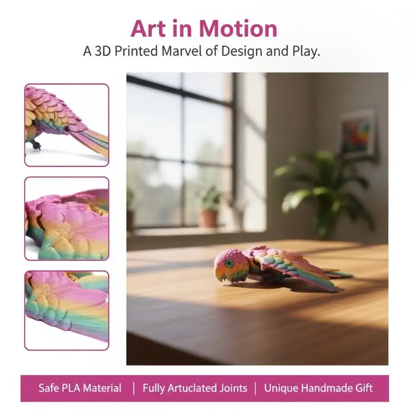 3D Printed Realistic Parrot Ornament Flexible Joints Movable Wings Animal Model for Desk Decor Perfect Gift for Bird Collectors