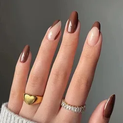 24 Pcs Brown and Curry Press on Nails for Beautiful Gluing French False Nails Holiday Medium Fake Nails Oval Prosthetic Nail Set