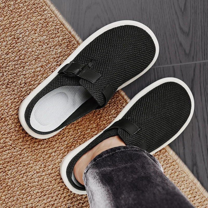 

Мужские льняные тапочки-мулы: дышащий тканый верх, пряжка с акцентом, легкие и удобные для повседневной носки