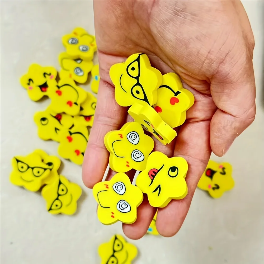 18Pcs Star Erasers - Fun Smiling Faces, Bright Yellow- No Residue,Classroom Prizes, Student Rewards, Homeschool, Office, Party