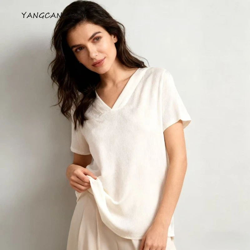

Women's Fashion Clothing Versatile 93% Natural Mulberry Silk Stretch SangBo Satin Temperament V-neck Short Sleeved T-shirt