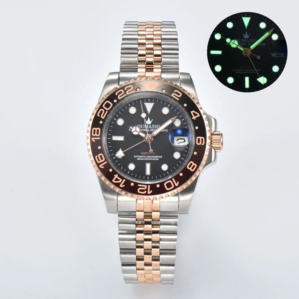 40 มม.หรูหราผู้ชายธุรกิจนาฬิกา GMT นาฬิกา NH34 คอกซ์ BEZEL และของแท้ญี่ปุ่น NH34 การเคลื่อนไหวอัตโนมัติที่กำหนดเองโลโก้