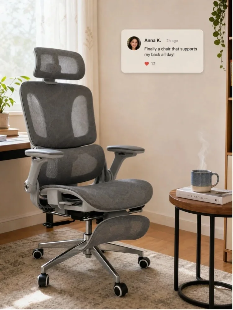 Ergonomischer Bürostuhl aus Netzstoff mit 4D-Armlehnen, verstellbarer Kopfstütze und Sitztiefe, Grau