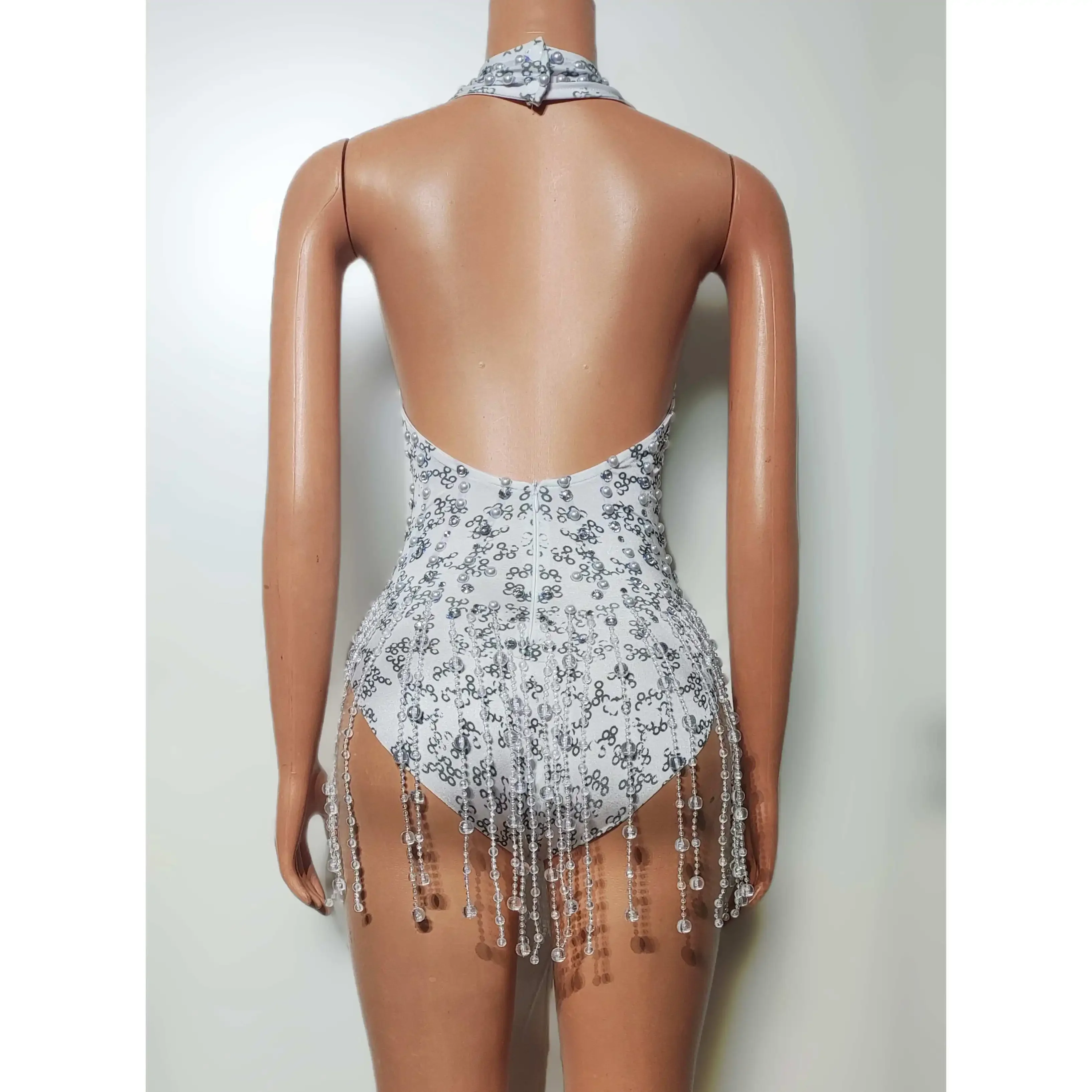 Wiszący kombinezon z frędzlami na szyi Seksowne srebrne body Klub nocny Bar Dj Kostiumy na występy Tancerze Gogo Odzież sceniczna