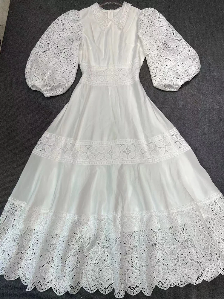 Vgh-女性のための花柄の刺繍入りカットアウトドレス,新しいファッション,ラペルランタンスリーブ,ハイウエスト,無地,エレガント,ファッショナブル