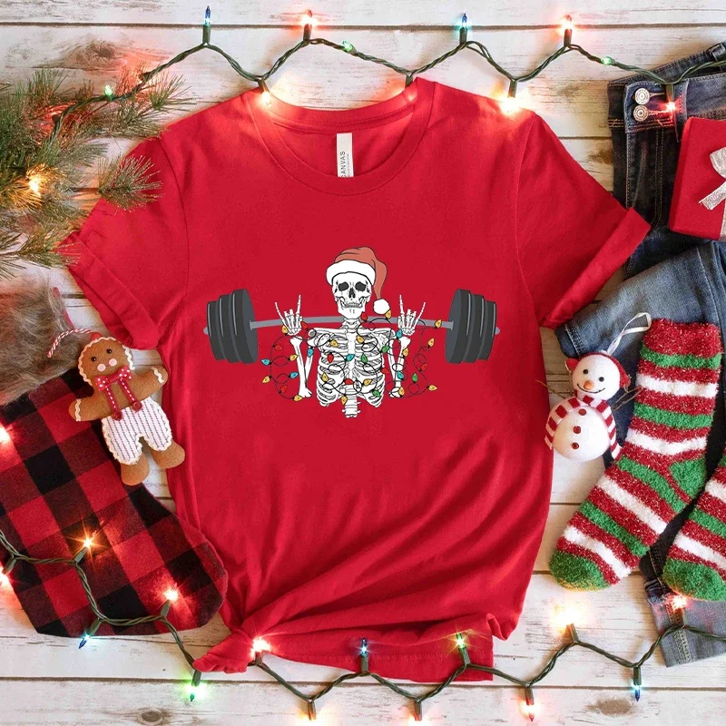 Christmas Workout T-Shirt for Men Funny Christmas Holiday Skeleton Graphic Tops Lift Heavy Streetwear Gym Lover Short Sleeve Tee