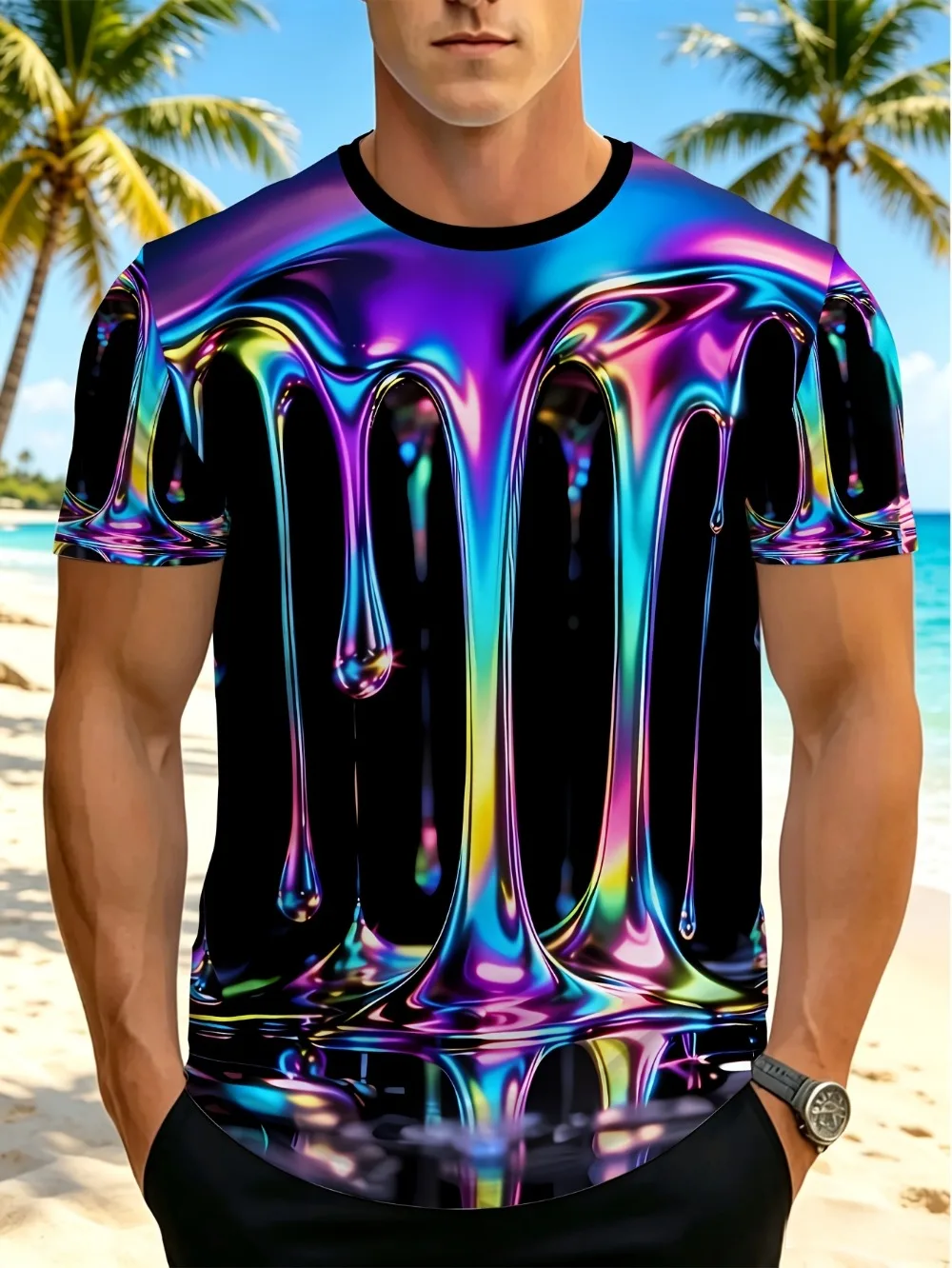 Bunte flüssige Tropfen fallen in 3D-gedrucktem Herren-T-Shirt, atmungsaktiv, für Freizeit und schnelltrocknend, Outdoor-Streetwear-Stil, Sport-Oberteil – Detail 2