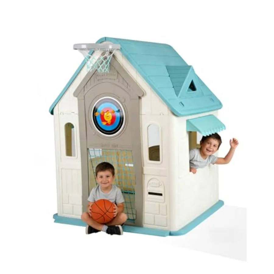Outdoor Playhouse for - Basketball Hoop, Soccer Goal, Magnetic Dartboard, Ring Toss - Indoor/Outdoor Toddler Cottage Playset, G