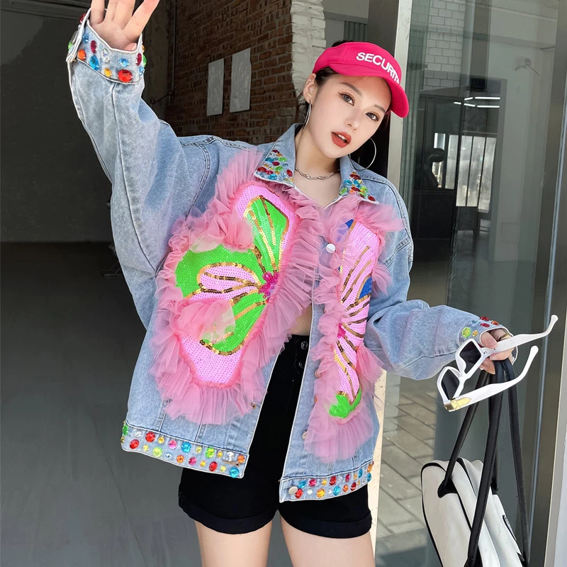 

Fashion Brand Women's Heavy Industry Sequin Stitching Pink Mesh Denim Jacket Laps Bright Diamond Decorative Loose Women's Top