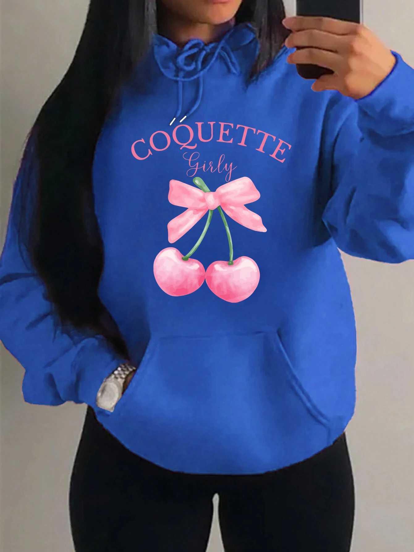 Pink Bow Cherry Printing  Hoodies Women Creative Oversized Streetwear Harajuku Pocket Hoody Autumn Casual Female Clothing