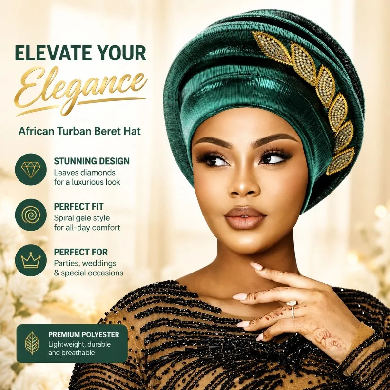 Women African Turban Beret Hat Leaves Diamonds Spiral Gele Headwrap for Ladies Party Wedding Polyester