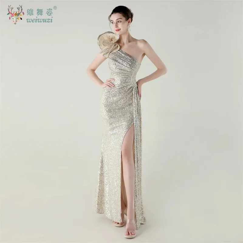 

Elegant Women One Shoulder Prom Evening Dresses Birthday Party Sexy Slit Fishtail Dress Sequin Hight Waist Bodycon Dress Gown