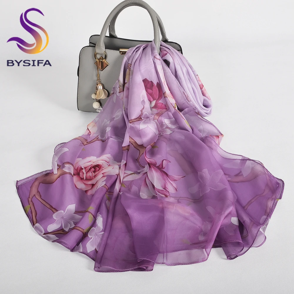 [BYSIFA] Purple 100% Mulberry Silk Scarf Wrap Fall Winter Magnolia Design Long Scarves Shawls Women Spring Summer Beach Shawl