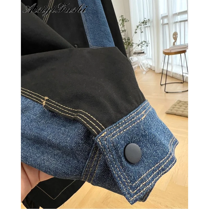 Denim costura jaqueta casual trabalho feito com ferramentas feminino duplo breasted outono e inverno meados de comprimento trench coat retro jaqueta design sentido