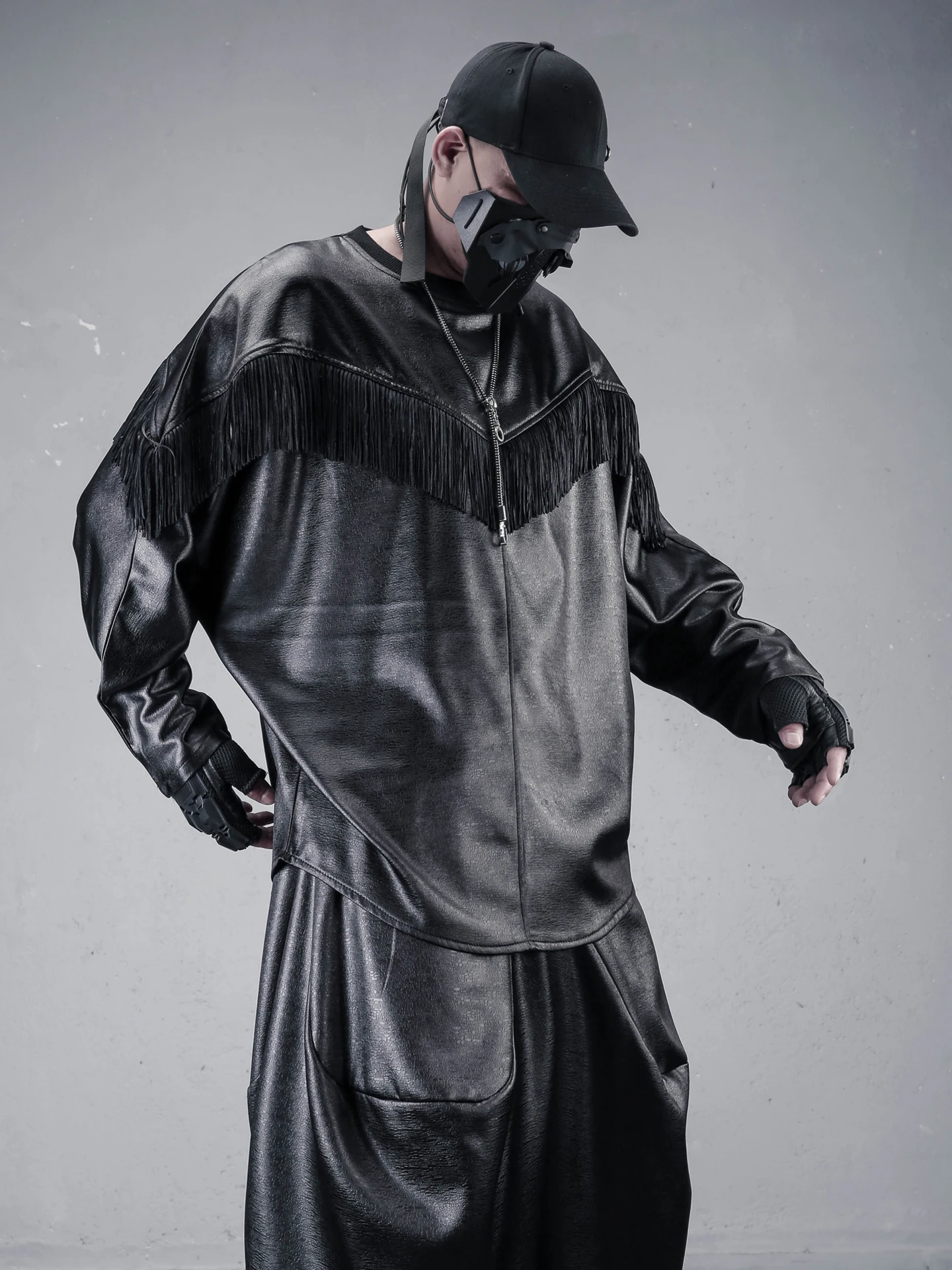 Dark Style Men's Long Sleeve Hoodie Batwing PU Leather Splicing Tassel Spring Autumn Fashionable Casual Youthful round Neck
