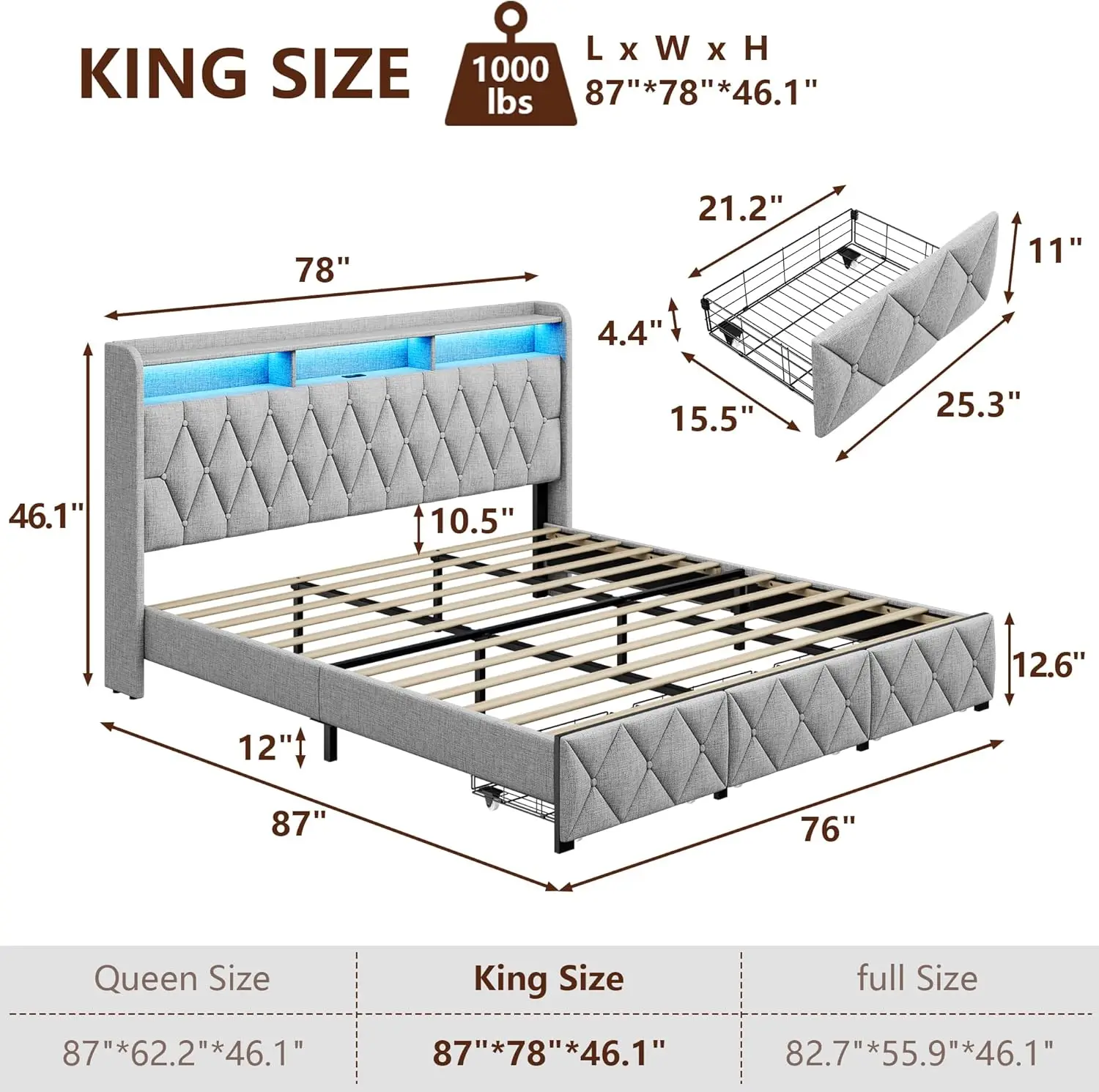 King Size Bed Frame With 3 Storage Drawers,Upholstered King Bed Frame With Charging Station And Led Lights Headboard,No Box