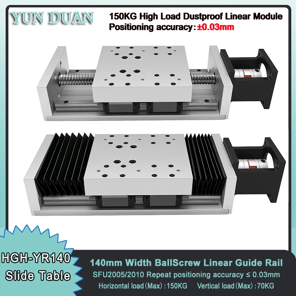 150KG Load Heavy Load Ballscrew Sliding Table Dustproof Linear Rail Guide 140mm Wide Linear Actuator 4*HGH15CA 0.03mm Accuracy