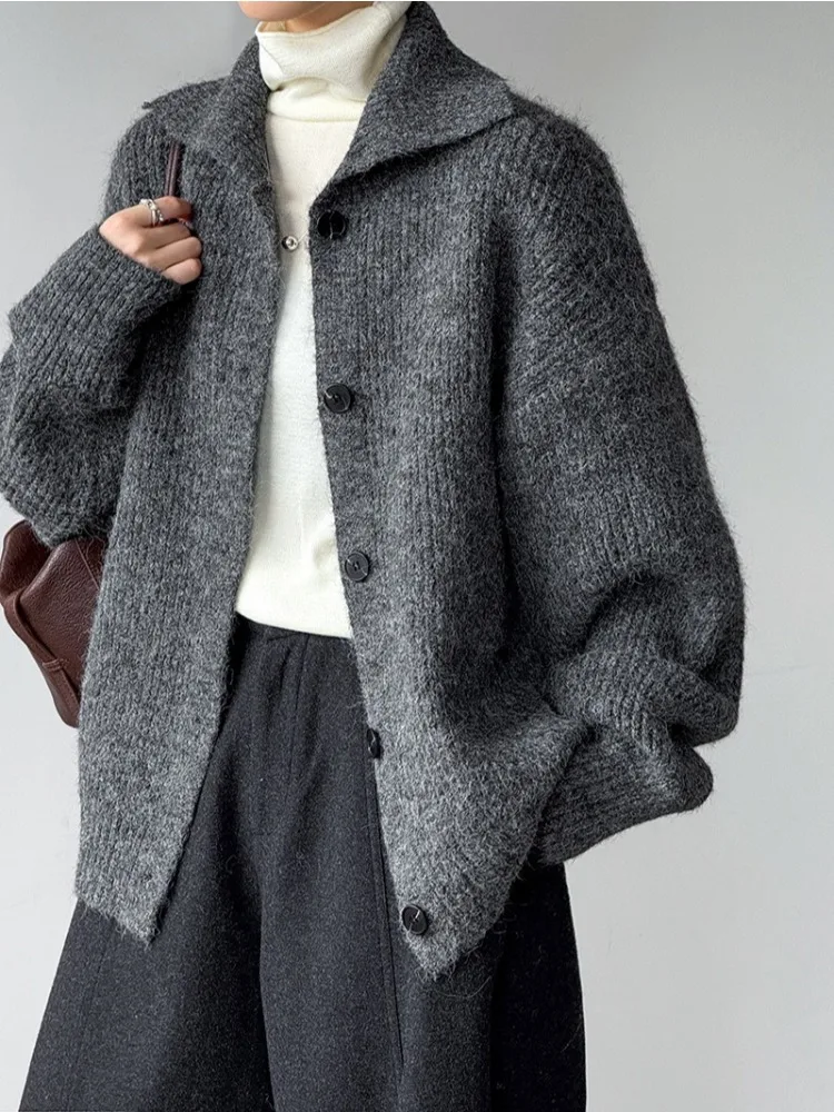 LIinar 2026 New Fall Winter Relaxed-Fit High-Neck Single-Breasted Loose-Fit Versatile Long-Sleeve Wool Knit Sweater for Women