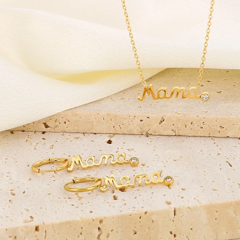 2pcs/sets Mother's Day Letter Word Mama Pendant Necklace Danlge Earrings For Women Fashion Stainless Steel Jewelry Sets Mujer
