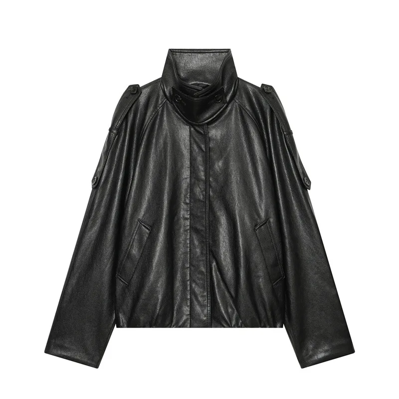 NINE ZAR Women's Short Biker Style PU Coated Jacket Large Silhouette Leather Coat Long Sleeve Zipper Closure Regular Length