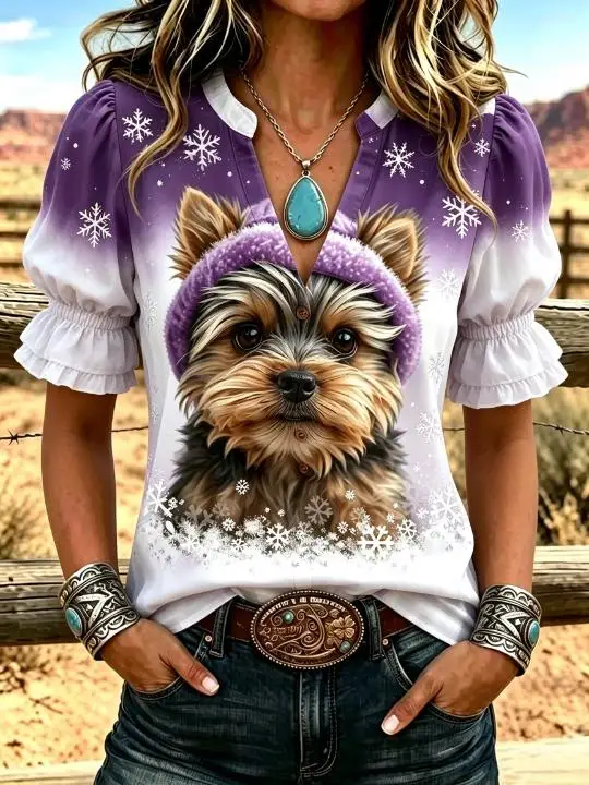 Women Winter Casual Top V‑Neck Half Button Puff Short Sleeve 3D‑Printed Pet Animal Snowflake Gradient Color Daily Holiday Outfit