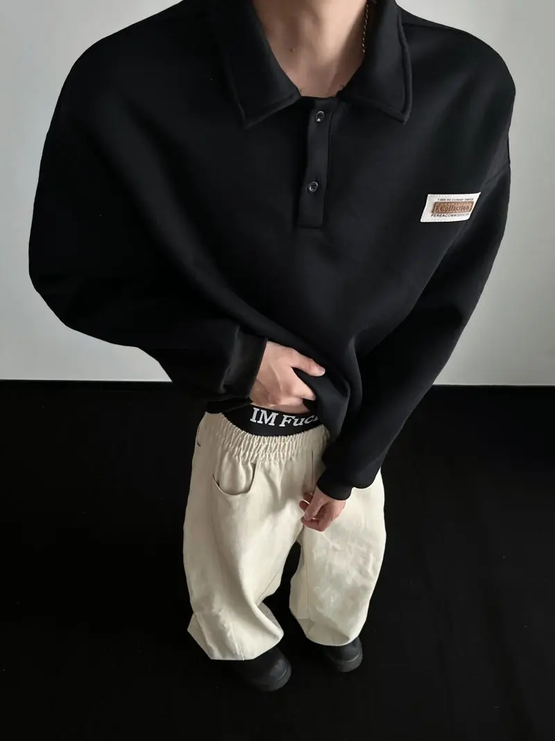 Autumn Men's Casual Solid Color Polo Neck Sweatshirt American Style Couple Loose Long Sleeve Turn down Collar Top Hoodies