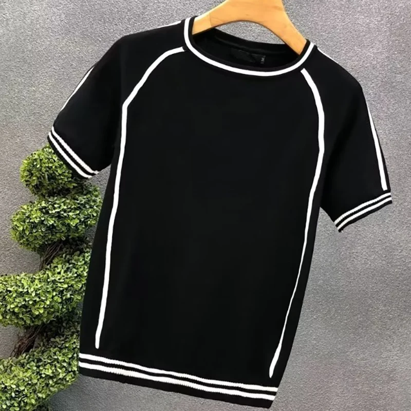 Irregular Lines Herren-Strick-T-Shirt, Sommer, Schwarz, Weiß, Kontrastfarbe, Rundhalsausschnitt, kurze Ärmel, atmungsaktives Strick-T-Shirt – Detail 4