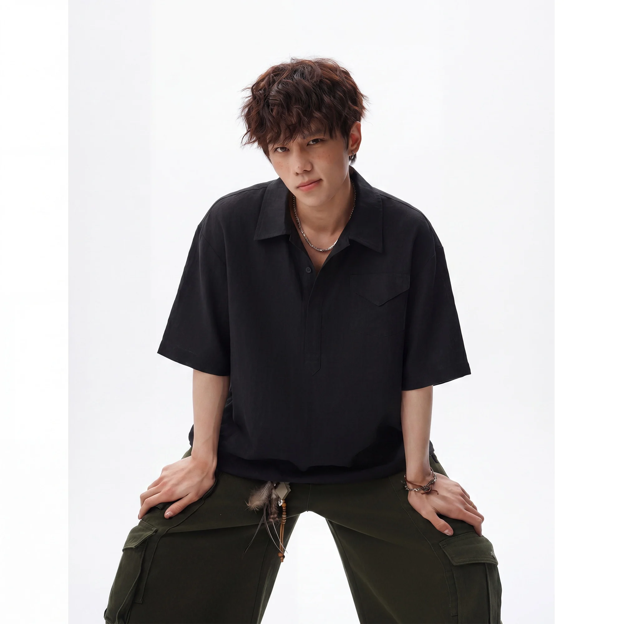 2026 New Style Men's Minimalist Old Money Style Lycra Linen Polo Shirt Loose Short-Sleeved Shirt