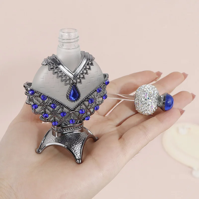 

Пустые бутылки 15 мл, инкрустированные бриллиантами синие стеклянные бутылки для духов в стиле Дубая, высококачественные бутылки для масла премиум-класса