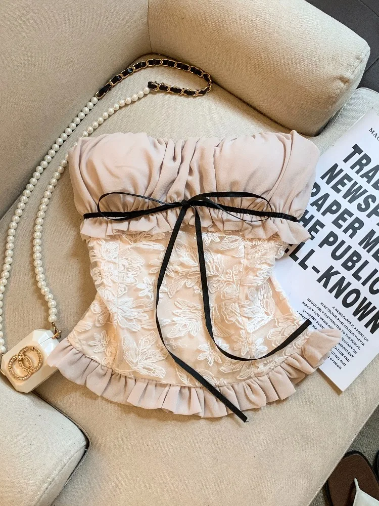 

Summer New Pure Desire Embroidered Knot Color Block Women's Vest Soft Personality Waist Cinched Tube Top Shirt