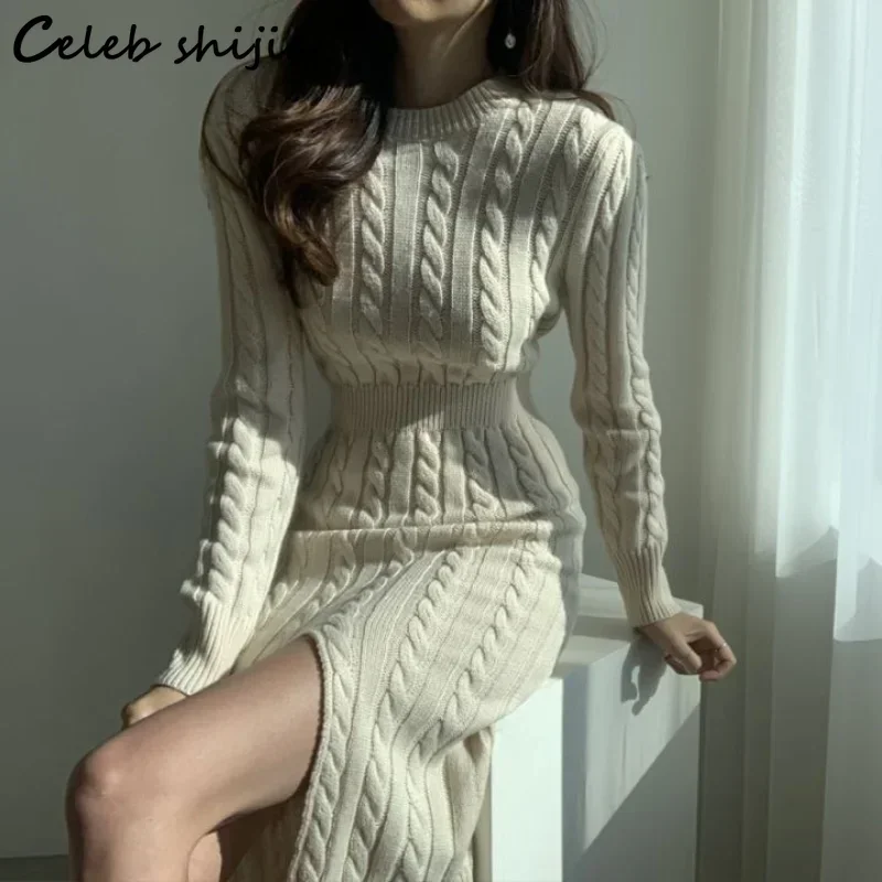 New Apricot Sexy Knitting Dress Women Cross V Neck Winter Chic Knitwear Vintage Long-sleeve Wool Vestido Office Autumn