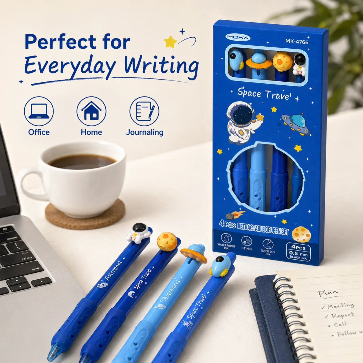 4 Pack Space Astronaut Topper Retractable Gel Pens, 0.5mm ST Tip Black Ink Heart Soft Grip Cute Click Pens