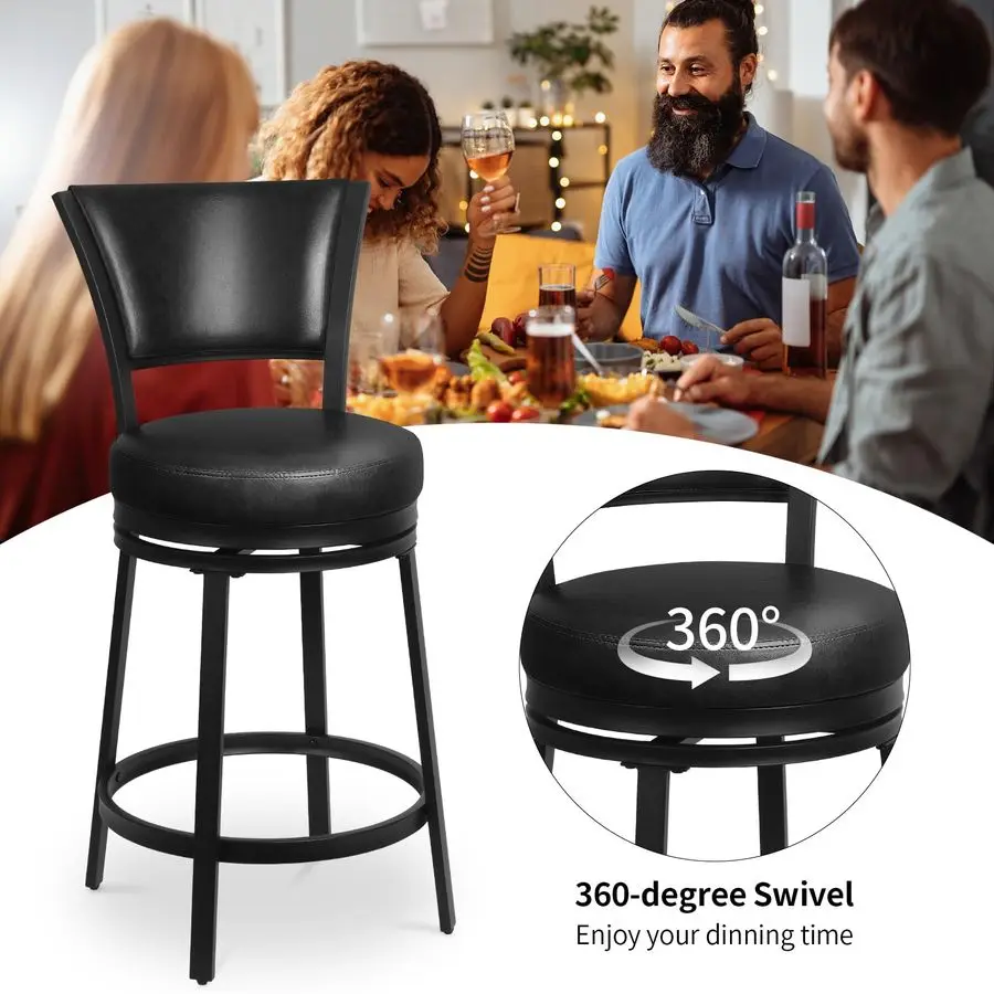 Stools, 25 Inch Metal Counter Height Barstools Set of 2, Faux Leather Round 360 Swivel Bar Chairs with Backrest, Modern Swivel B