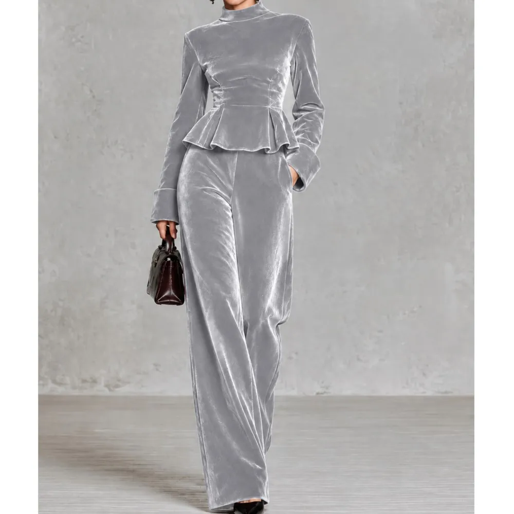 Golden Velvet Elegant Pants Set Autumn Winter Solid Color Casual Simple Long Sleeve High Collar Ruffle Top Two Piece Pants Set