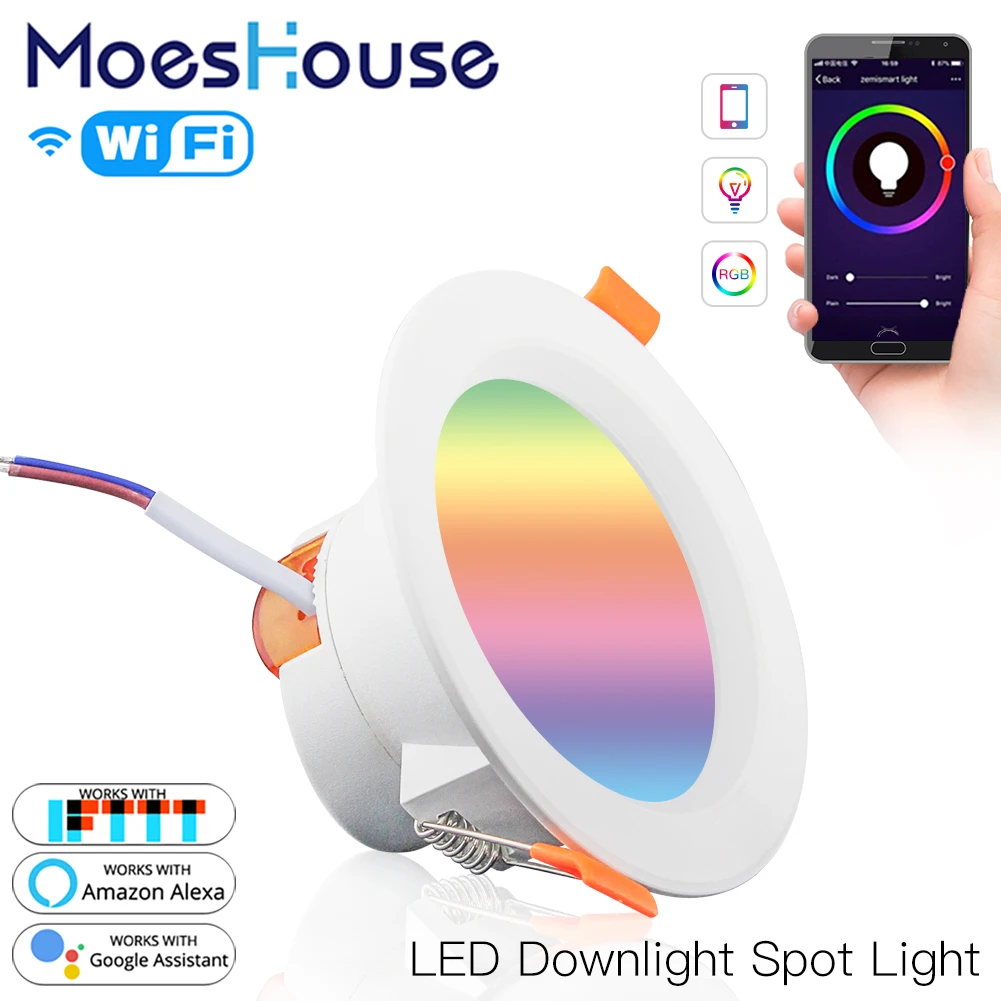 Moes-luz descendente LED inteligente con WiFi, punto redondo de atenuación, 7W, cambia de Color RGB, 2700K-6500K, luz cálida y fresca, Alexa y