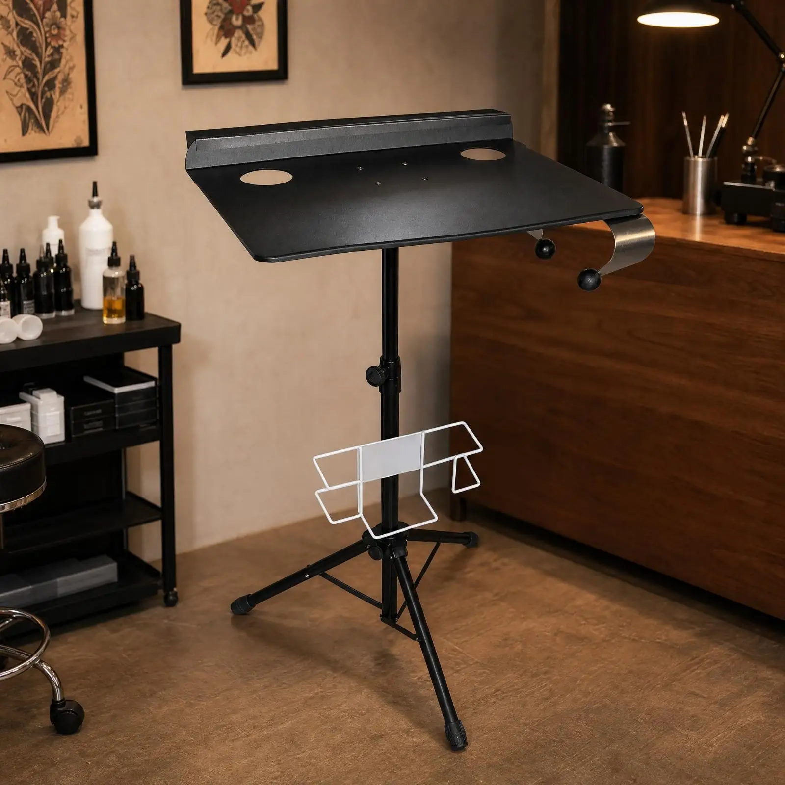 Mobile Skin Decal Workstation Table with Storage Shelf for Tattoo Machines Ink Cups on Location