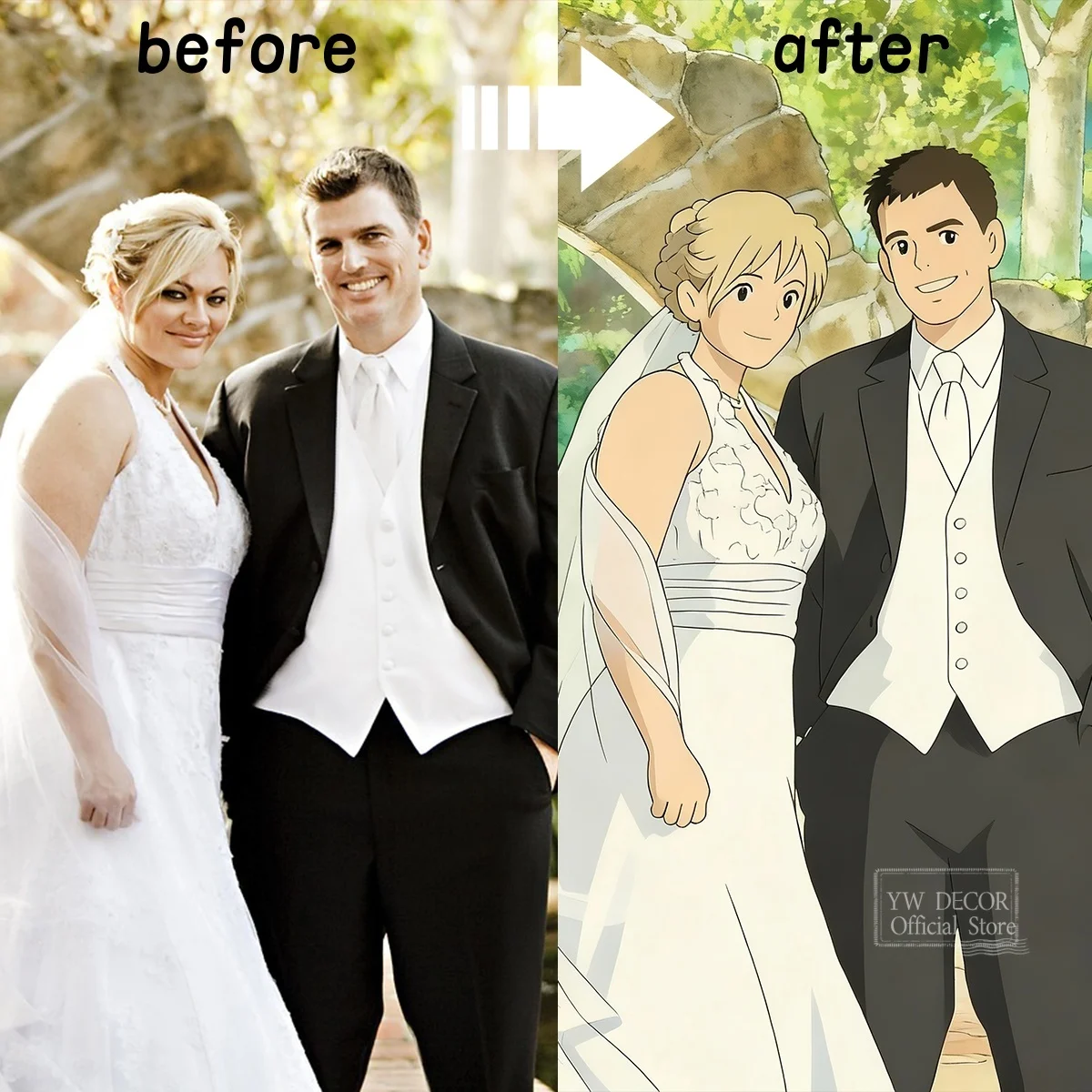 YWDECOR Custom Cartoon Ghibli Style Canvas Printing Anime Customized Your Picture for Family Wedding Pets Home Decor-unframed