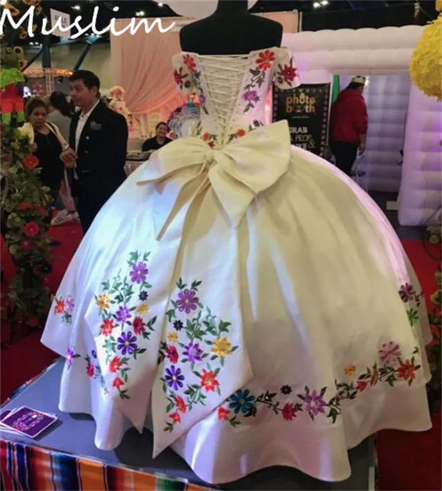 Colorful Floral Embroidery Mexican Wedding Dress Plus Size Satin Corset Gothic Bride Dress Off Shoulders Big Bow Customized