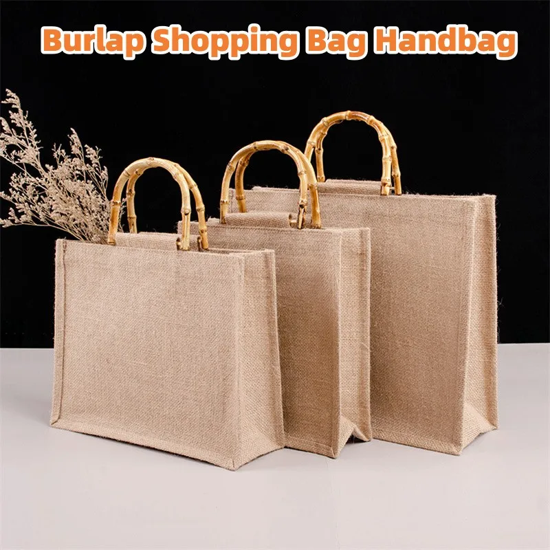 Large Capacity Shopping Bag Jute Shopping Bag Handbag With Bamboo Loop Handles Women Girls Tote Bag Portable Storage Beach Bags