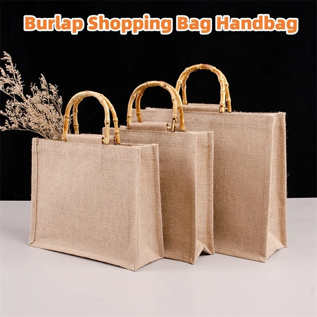 Portable Burlap Jute Shopping Bag Handbag Bamboo Loop Handles Tote Retro DIY Bag Handbag Women Big Size Beach Bags For Girls AliExpress